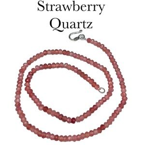 4mm Strawberry Quartz Crystal Beaded Necklace Beads Gemstone Stone 18” Long Pink
